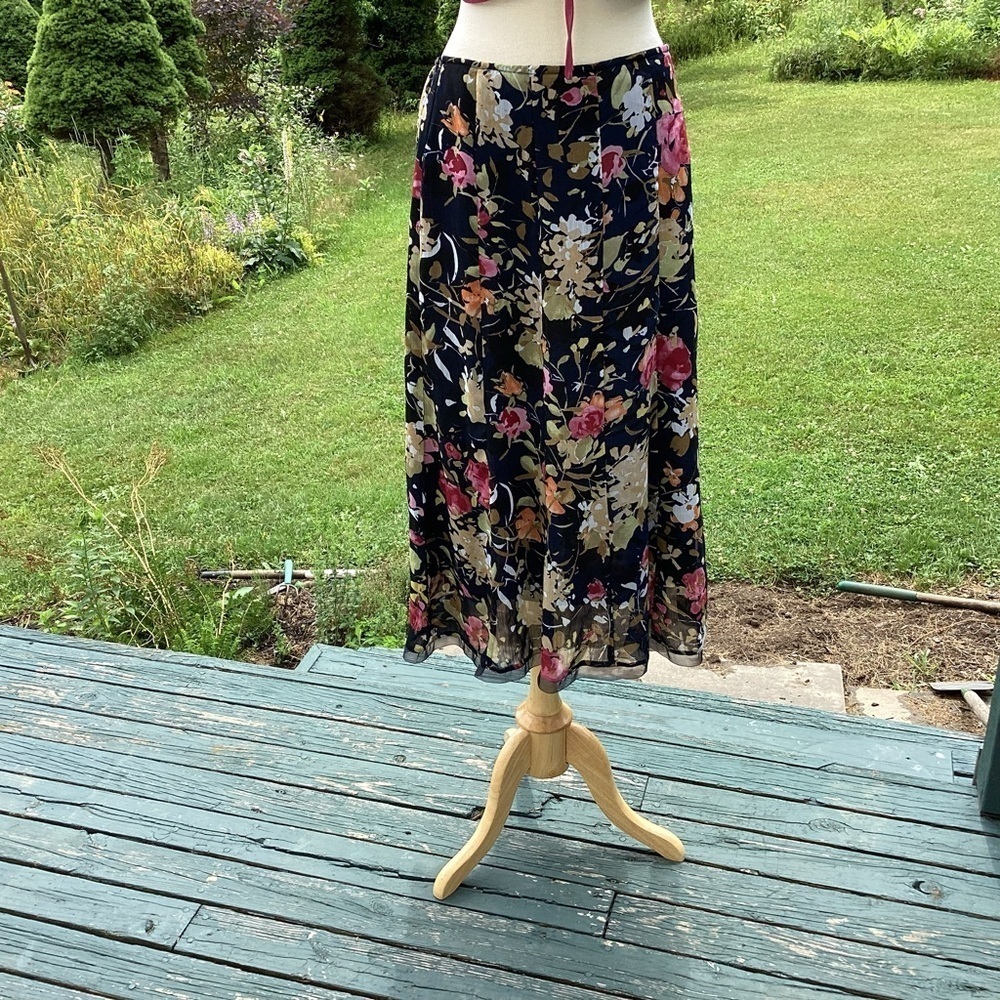 90s y2k Fairycore Gauze Lined Flowy Large Floral Print    Maxi/Midi Skirt Size 8